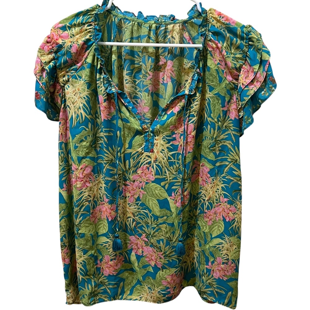 Unbranded Bright Multicolor Tropical Floral Semi-Sheer Flutter Sleeve Top Large